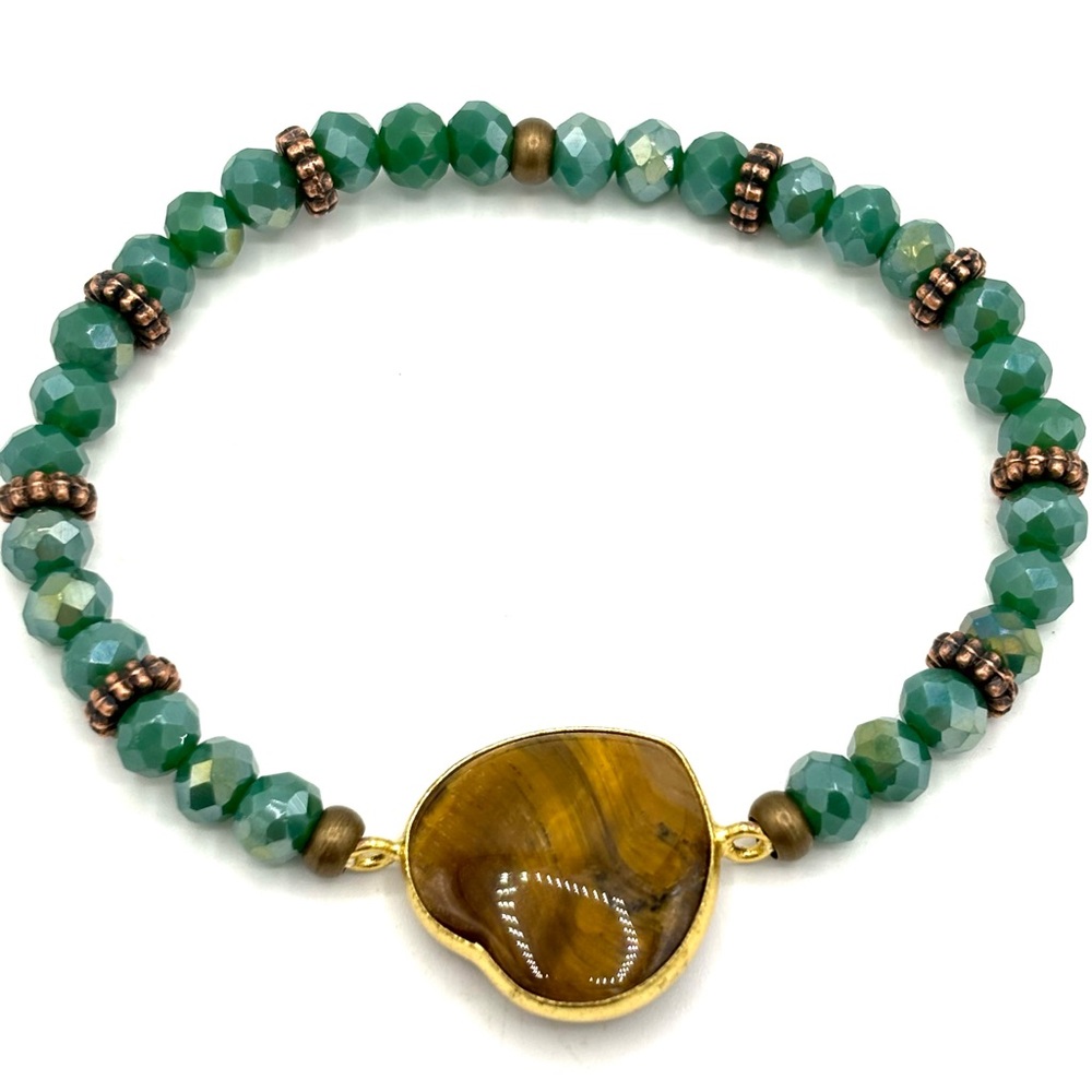 Hand Crafted Peacock Green Crystal Tiger Eye Heart Bracelet